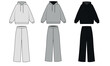 Set of vector drawings of sports suits in white, gray and black colors. Hoodie and wide trousers drawn on a white background. Pajama sketch consisting of a sweatshirt with a hood and sweatpants.