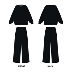 Drawing of a sports suit in black, vector. Sweatshirt with a round neck and wide trousers painted on a white background. Pajama sketch consisting of a jacket and wide pants, vector.