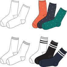 Unisex Socks Set. Technical Fashion Socks Illustration. Flat Apparel Socks Template Front. Unisex CAD Mock-up.