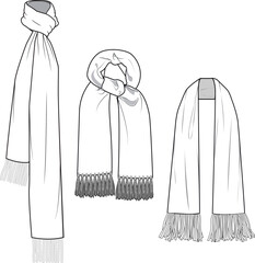 Unisex Scarf Set. Technical fashion scarf illustration. Flat apparel scarf template white color. Unisex CAD mock-up.