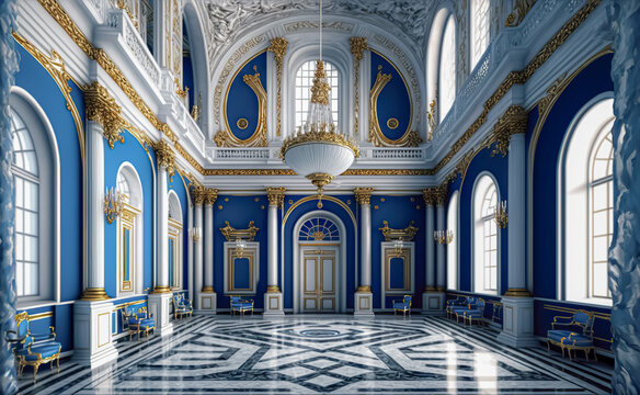a realistic fantasy blue interior of the royal palace. golden blue palace. castle interior. fiction 