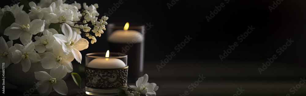 Burning candles and flowers on black background with space for text ...