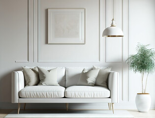 interior mockup of an empty living room wall with a white sofa, beige pillows, and traditional furni