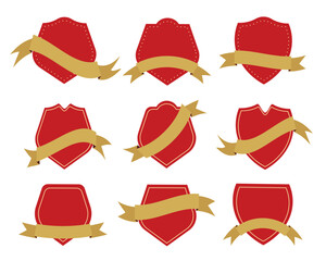 Wall Mural - Collection of Red Blank Badge or Shield Shape with Golden Ribbons.