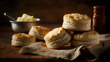 Poster -  a pile of biscuits sitting on top of a table next to a bowl of butter and a bottle of butter and a spoon on a cloth.  generative ai