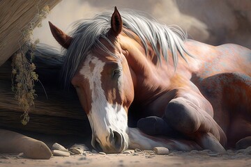 Wall Mural -  a painting of a horse laying down on the ground next to a tree trunk and rocks and a rock wall behind it, with a brown and white and orange and white horse with a black face.  generative ai