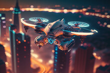Close Up Of Drone Machine Bot Taking Flight Over A Large Blurred City Landscape At Night With Neon Lights 