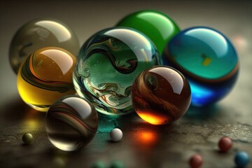 Sticker -  a group of marbles sitting on top of a table next to a bottle of liquid and some balls of liquid on the ground next to it.  generative ai