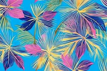 Wall Mural - Luxury art background with tropical palm leaves in blue and pink colors with golden elements in line style. Botanical decoration, poster, textile, wallpaper, interior design