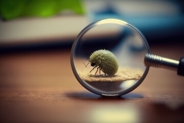  a magnifying glass with a small green insect inside of it on a wooden table next to a laptop computer and a green leaf.  generative ai