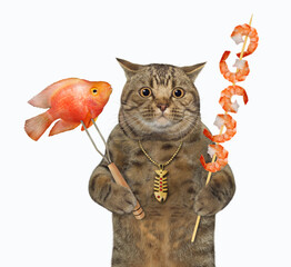 Wall Mural - Cat with goldfish and shrimp skewer