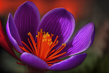 Saffron Crocus (Crocus Sativus) Purple Flower Head With Vibrant Scarlet Stigma And Close Up Macro Photography Techniques. Generative AI