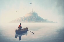 Boy Rowing A Boat In The Sea And Mist With Ancient Castles In Background , Digital Art Style, Illustration Painting, Fantasy Concept Of A Boy Rowing A Boat In The Sea