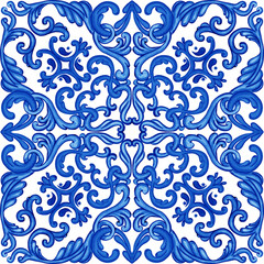  Majolica pattern. Sicilian hand drawn blue ornament. Traditional blue and white ceramic tiles. Portuguese traditional azulejo pattern. Moroccan style..