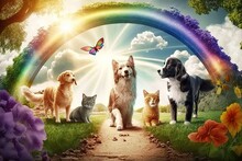 A Fantasy Paradise For Dogs And Cats Where Pets Run And Play In A Beautiful Eden Garden Populated By Ethereal Clouds, Rainbow Bridges, And Heavenly Sunshine. The Idea Of An Afterlife For Animals.