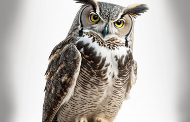 Poster - Bubo Virginianus Subarcticus, the Great Horned Owl, against a white background. Generative AI