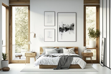 Modern bedroom interior with wood and white bed and three picture frames hanging on a white wall flanked by two windows and natural light streaming in