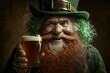 Old leprechaun holding a glass of beer. He has a mischievous twinkle in his eye and a bushy red beard. He is wearing a green hat and green coat. The glass of beer is frothy and refreshing.