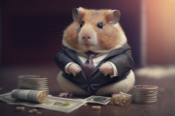 rich hamster in business suit counting money. generative ai