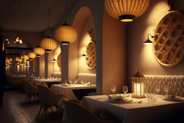 Canvas Print - restaurant interior with large lamps and golden lighting. Generative AI