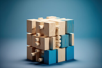 Poster - Blocks of wood joined together against a blue background. network, community, and teamwork concepts. Generative AI