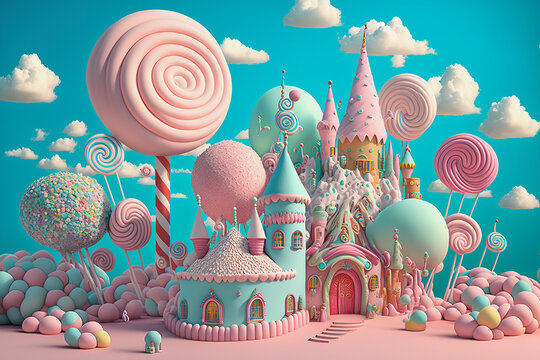 ai midjourney generated fantasy illustration of a small cute candy village