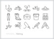 Set of fishing line icons of items for a recreational or hobby fisher to use on the water