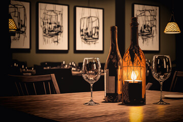 Canvas Print - design of a restaurant or cafe's interior. Side a picture of a wooden table with a bottle of wine or champagne and a glass of beverage on it, with three modern lamps above the table. Generative AI