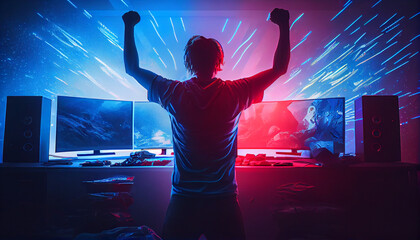 Gamer win a competition, man celebrating before a computer, generative ai