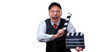 Senior man holds film flap close up. Film directing. Film production. Human emotions. Man with movie flap while filming