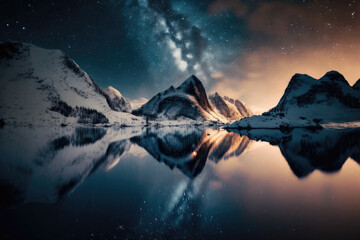 Poster - Bright Milky Way over snow covered mountains and sea at night in winter in Norway. Landscape with snowy rocks, starry sky, reflection in water, fjord. Lofoten Islands. Space. Beautiful milky way