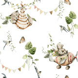 Fototapeta Dziecięca - Watercolor nursery seamless pattern. Hand painted woodland set of cute baby animals in wild, airplane, bear, green leaves, forest greenery and flowers. illustration for baby textile, fabric, wallpaper