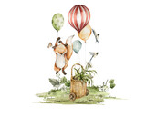 Fototapeta Dziecięca - Watercolor nursery card. Hand painted woodland set of cute baby animals in wild, forest landscape, tree, birds, fox, balloons. illustration for baby shower design, birthday party, newborn