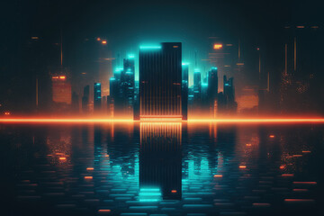 Poster - Wallpaper of an abstract night metropolis with a luminous grid above water. Concept of the future and innovation. two exposures. Generative AI