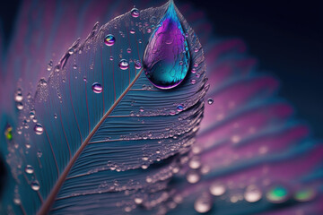 Poster - Beautiful transparent raindrops on a feather against a background of blue and violet, macro, copy space. Vividly colored creative image of nature. Generative AI