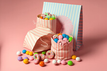 Sweet Candy And Paper Bags In The Top Perspective Against A Pink Background. Generative AI