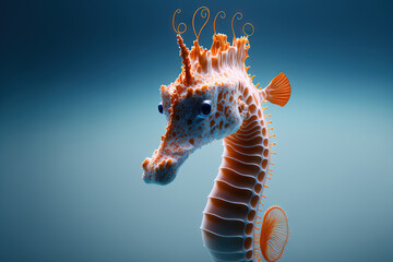 Wall Mural - illustrative close up of a seahorse's orange and white face in blue water. Generative AI