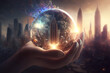 World in the Palm of your Hand, Epic City Landscape, Introspection, The Meaning of Life, Magical Crystal Ball, The Purpose of Life, Abstract Art Design, 3D Render, Print, Having the World in your Hand