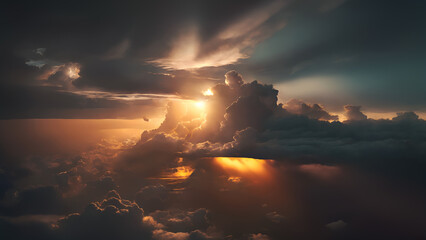Wall Mural - flying above dramatic sunset cloudscape with sun shining through, detailed picturesque cockpits view