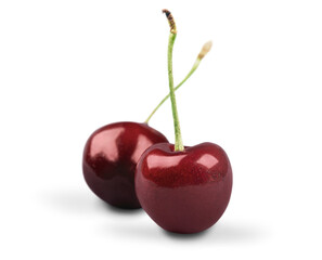 Wall Mural - Delicious fresh cherries with leaves over white background