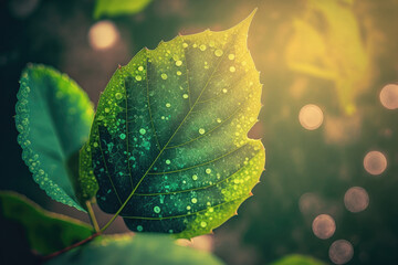 Sticker - Nature's green leaf on a background of hazy greenery. Lovely leaf texture in the bokeh light. Natural environment macro in closeup with text copy space. Generative AI