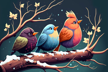 Canvas Print - funny little birds sitting on a branch cold winter in the Park. Generative AI