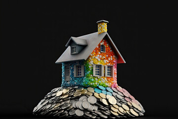 Wall Mural - A tiny, colorful house perched atop a stack of coins to represent real estate and money. Generative AI