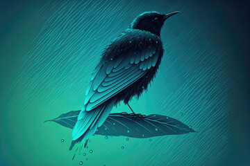 Poster - Black bird feather silhouette with water drops on a turquoise blue background, with lovely lighting. Elegant, colorful, and artistic image. Generative AI