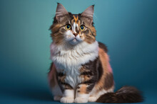 Front View Of A Fluffy Cat Facing The Camera Against A Blue Background. Young Calico Or Torbie Cat With Long Hair Sitting In Front Of A Colored Background With Copy Space. Female Kitten Aged 10 Months