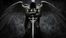 Dark Warrior Angel With Medieval Sword. Fantasy Background. Digital Ai Art