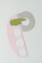 Canvas Print - pink paper shape with hole cutouts, green pointing hand, and semi circular shape on blank paper