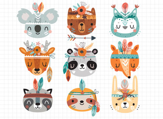 Leinwandbilder - Cute American Indian animals - rabbit, deer, koala, fox, bear, panda, raccoon, owl, sloth Childish characters for your design.