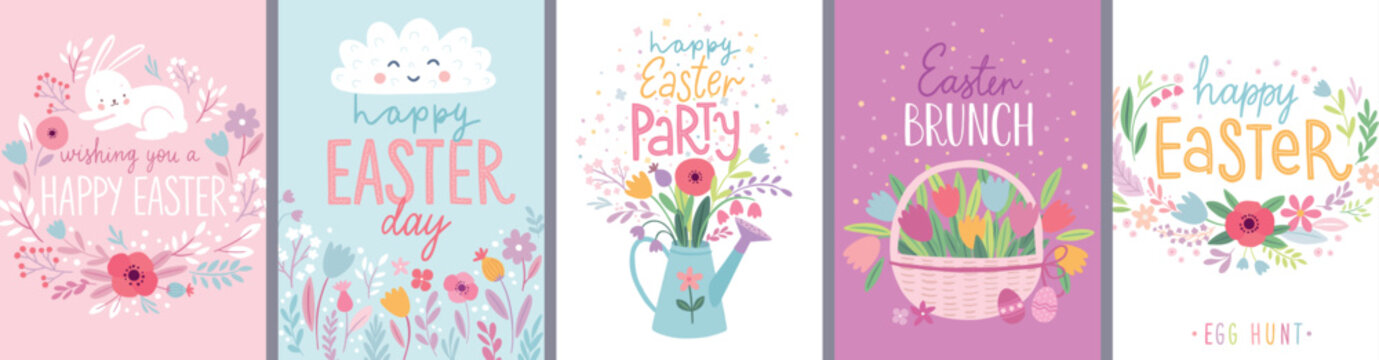 Fototapete - Easter cards, floral lettering set with flowers, bunnies, tulips, eggs and other elements .