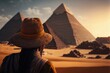 woman tourist in Giza pyramids, Cairo Egypt, Generative AI